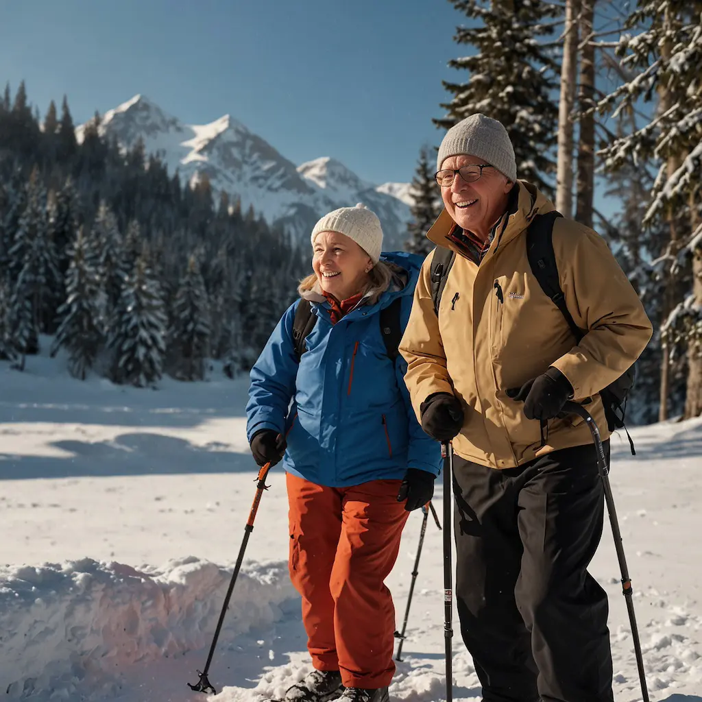 Seniors enjoying snowshoeing with joy and concentration