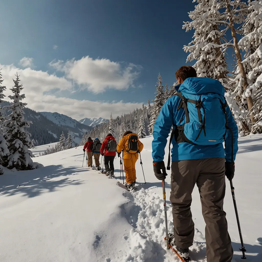 People engaging in backcountry snowshoeing with adventure and focus