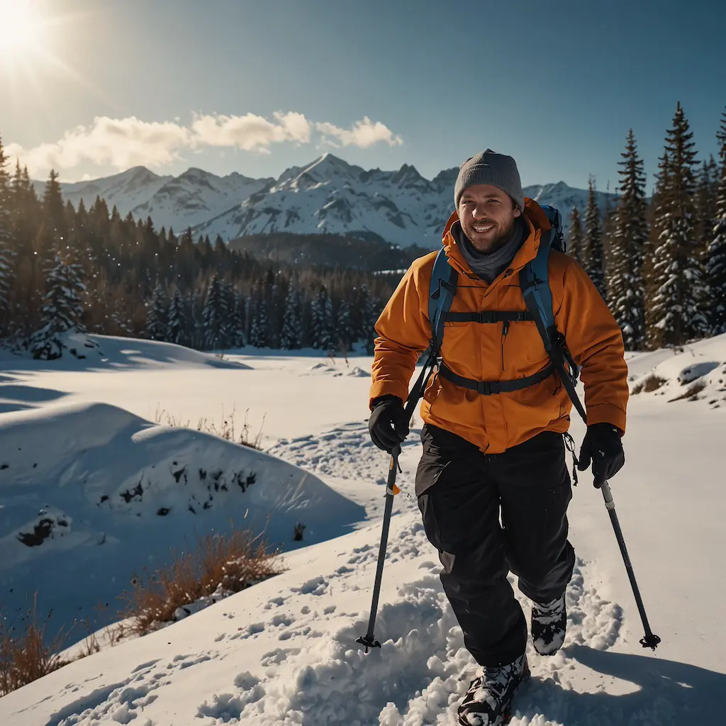 People speed snowshoeing with determination and excitement