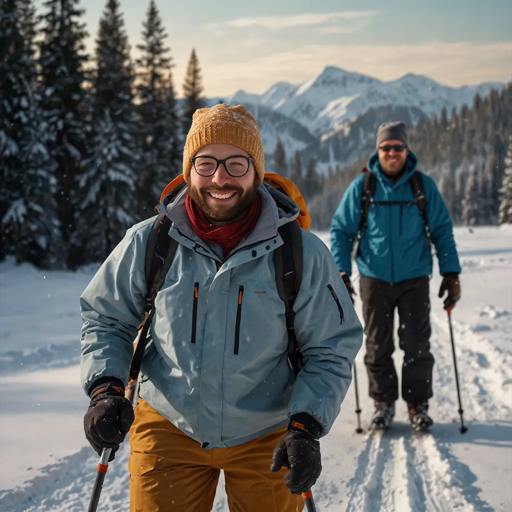 People snowshoeing on groomed trails with focus and serenity,