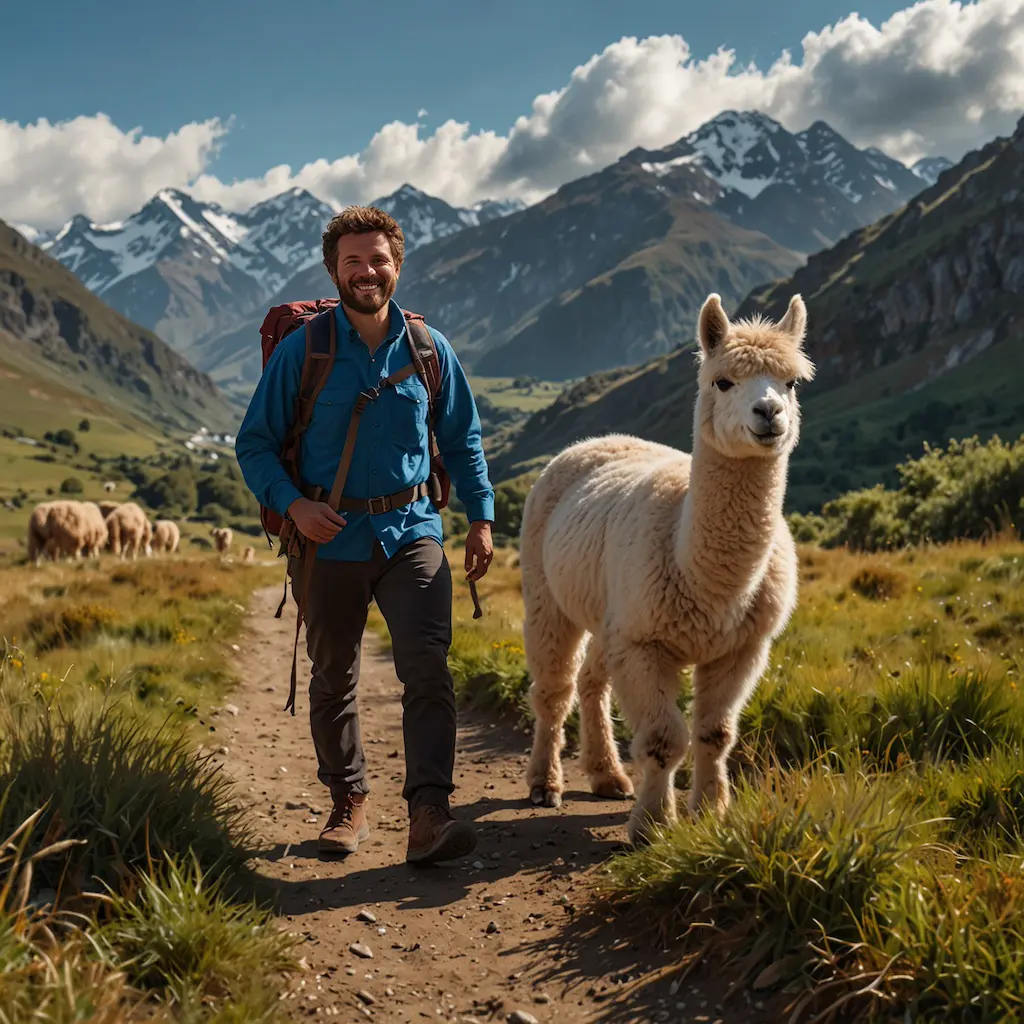 Solo adventurer enjoying alpaca trekking with joy and tranquility