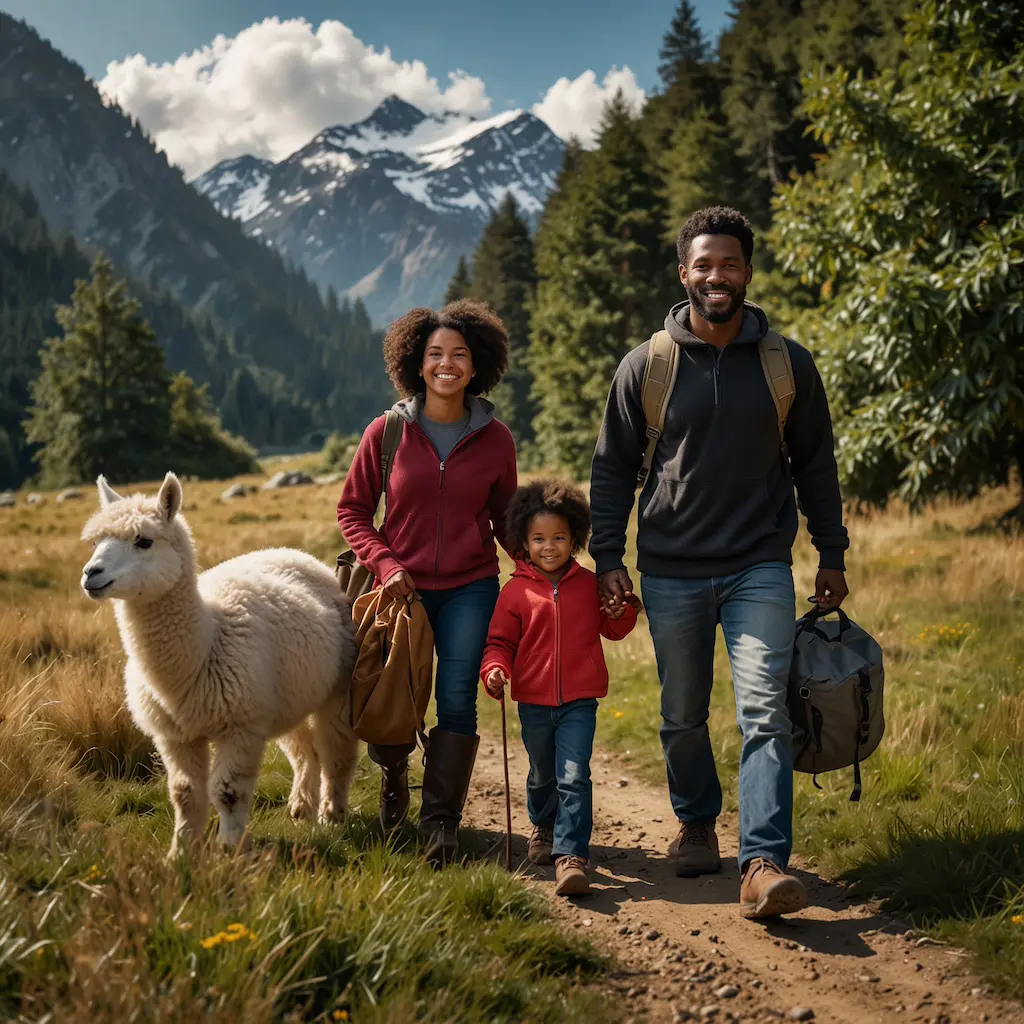Family enjoying alpaca trekking with joy and tranquility,