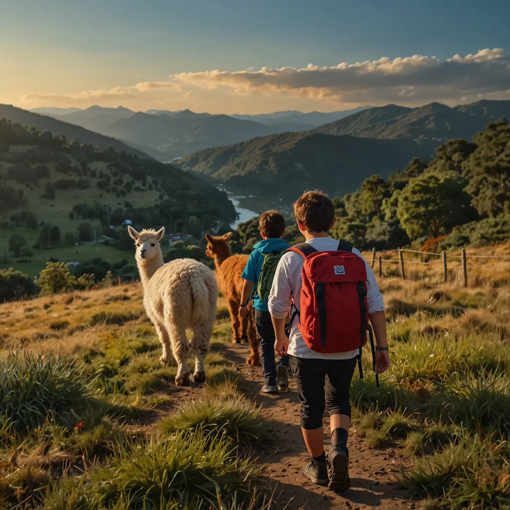 Children enjoying alpaca trekking with joy and tranquility