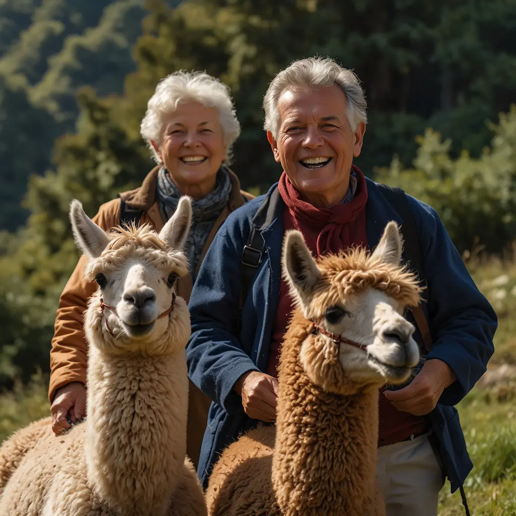 Seniors enjoying alpaca trekking with joy and tranquility