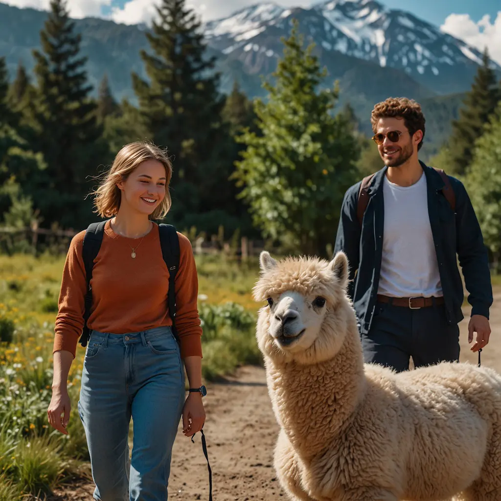 People on wellness walks with alpacas, experiencing relaxation and joy