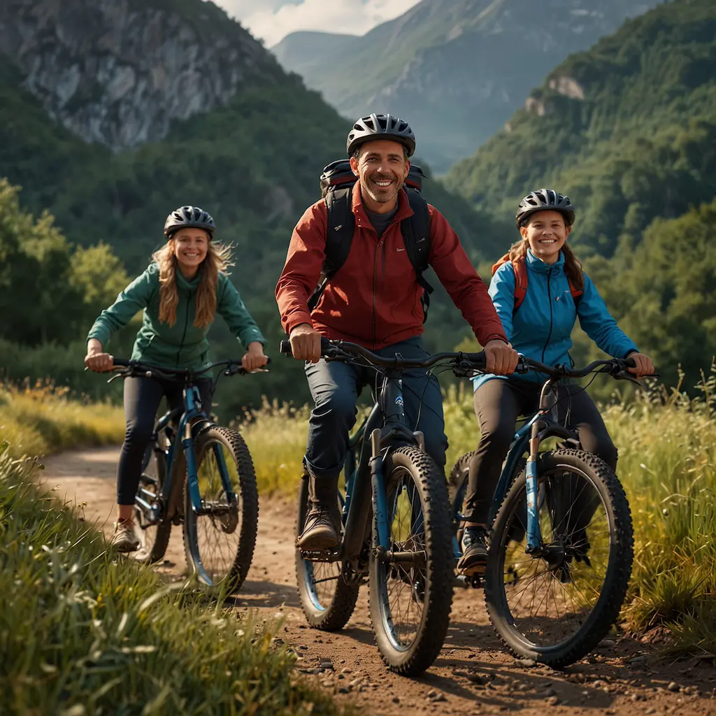 Family enjoying e-biking with joy and concentration