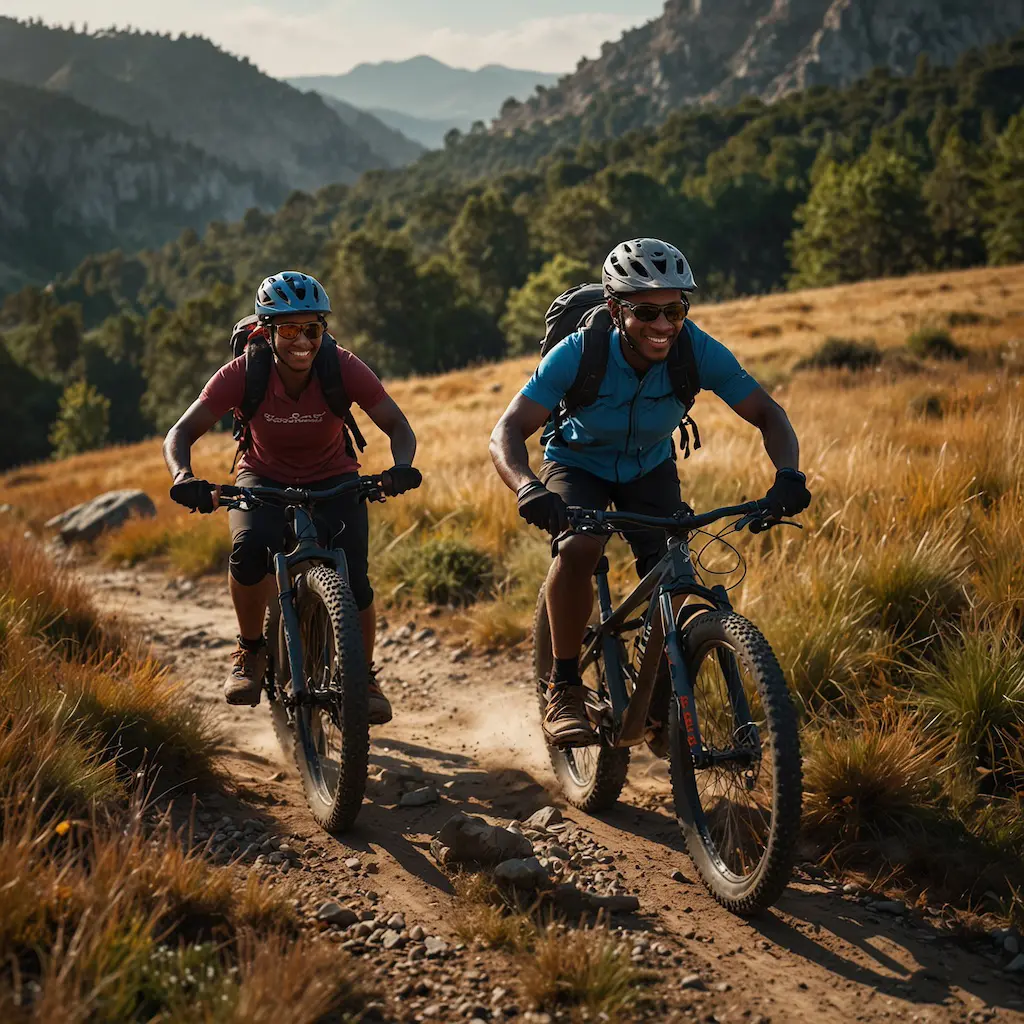 Couples enjoying e-biking with joy and concentration