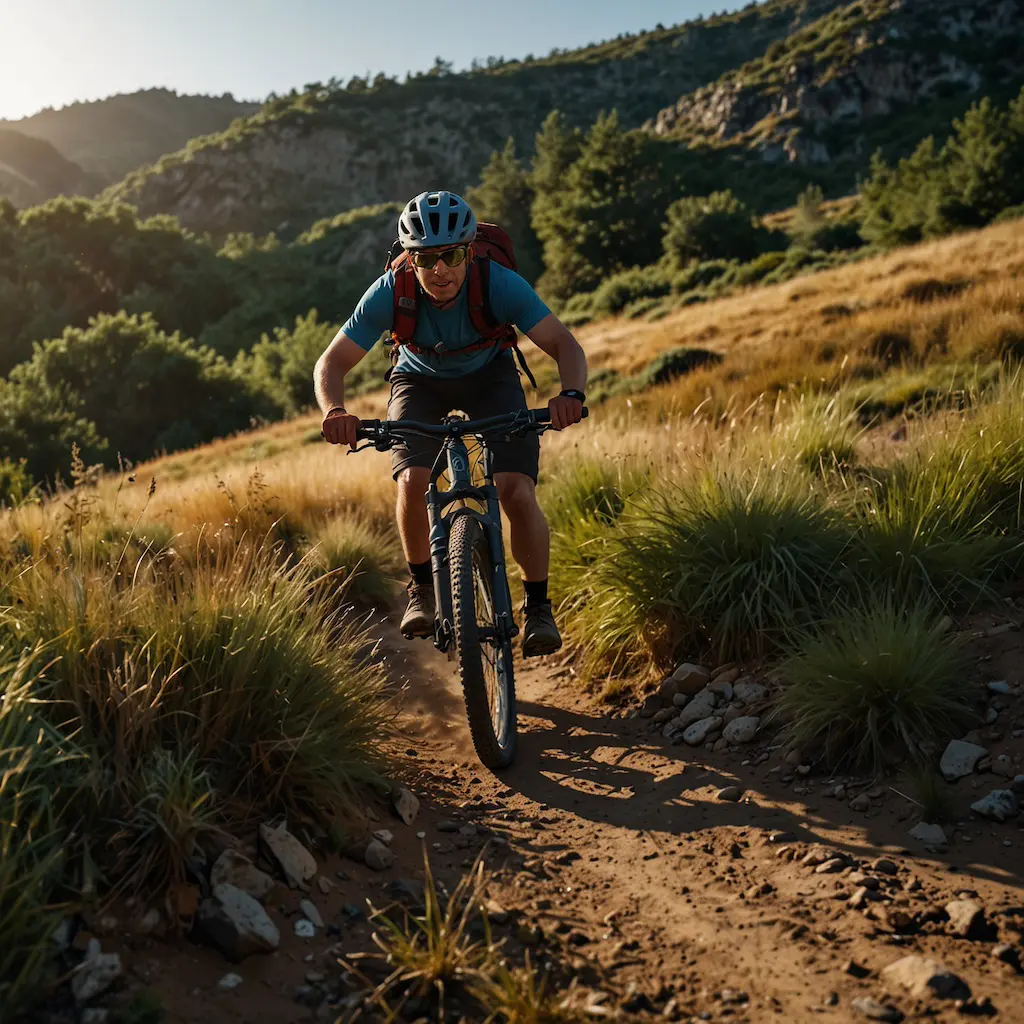 People engaging in trail e-biking with focus and excitement