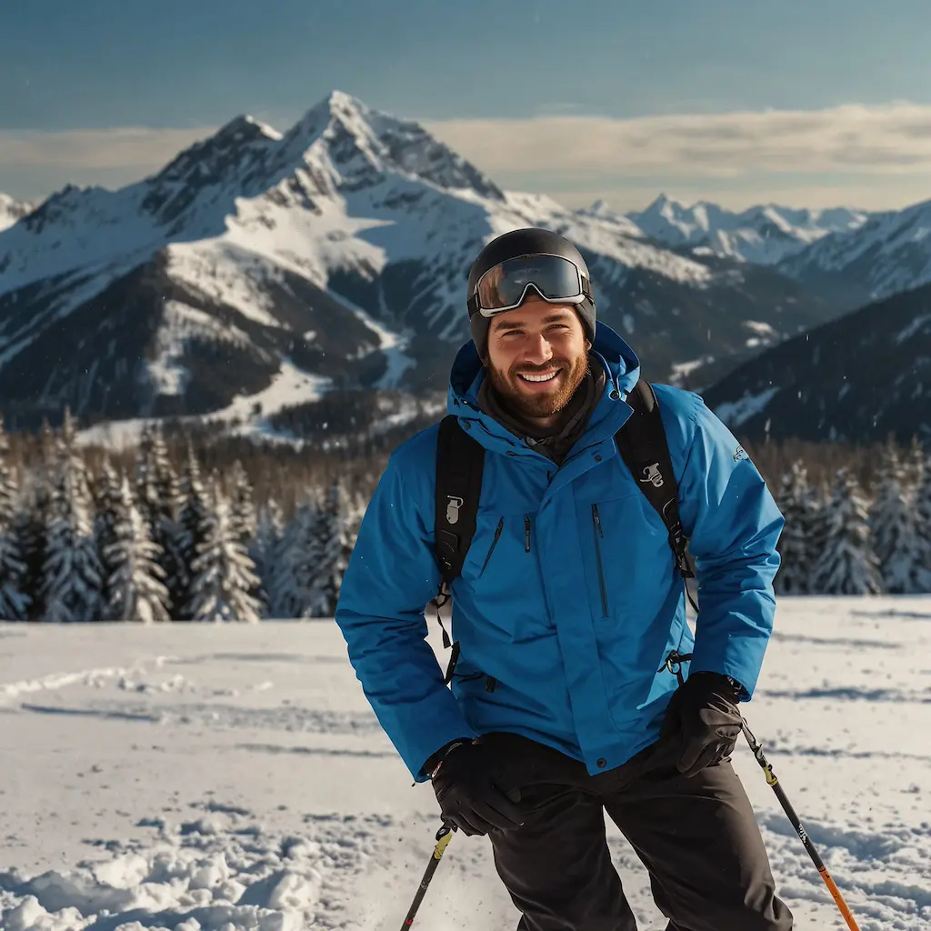 Solo adventurer enjoying skiing with joy and concentration