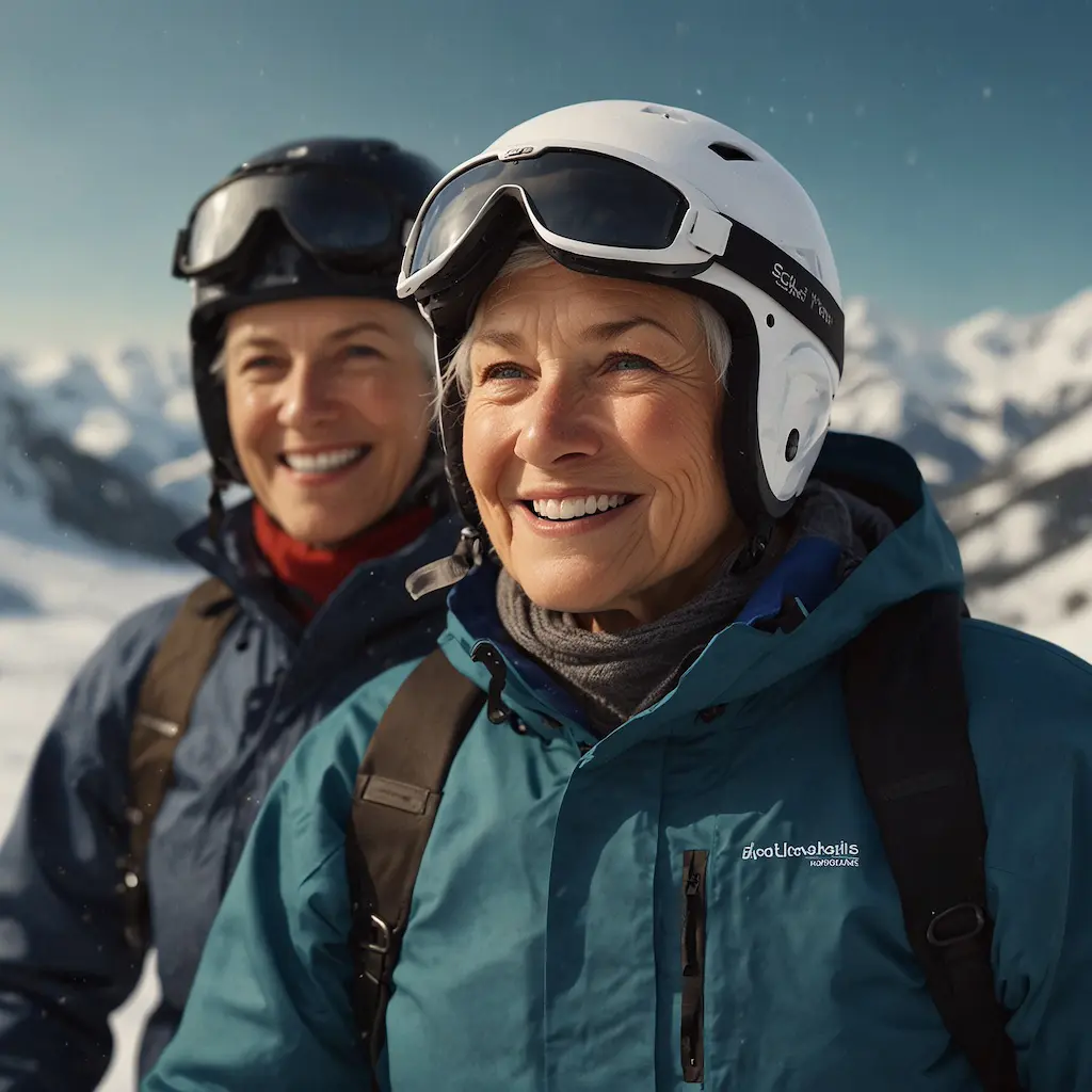 Seniors enjoying skiing with joy and concentration