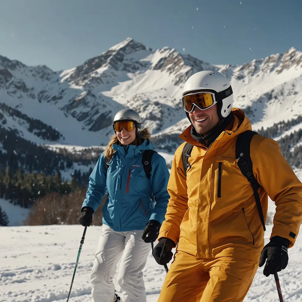 Couples enjoying skiing with joy and concentration