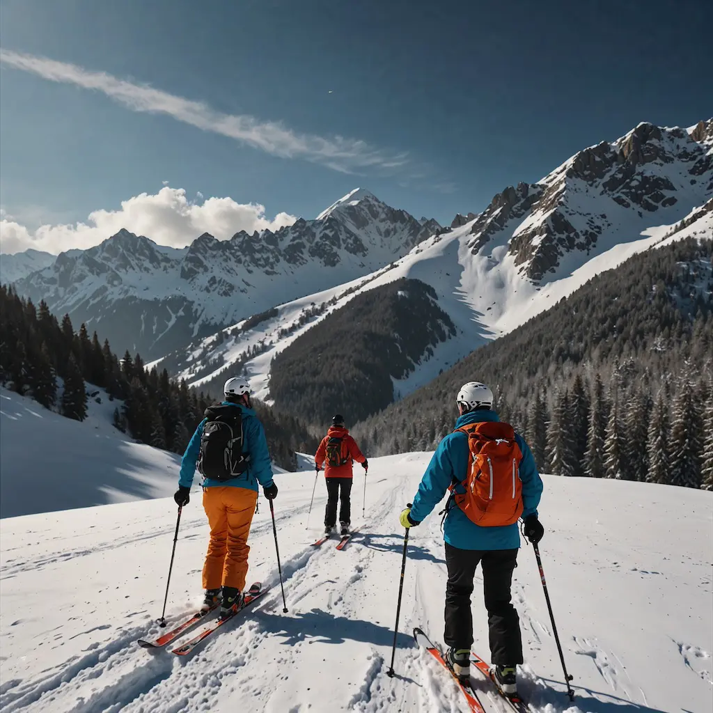 People engaging in expedition skiing with focus and excitement