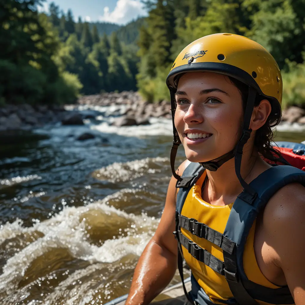 Solo adventurer enjoying rafting with joy and concentration