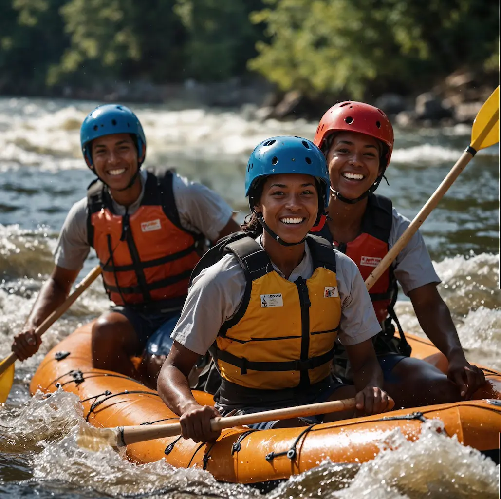 Group enjoying rafting with joy and concentration