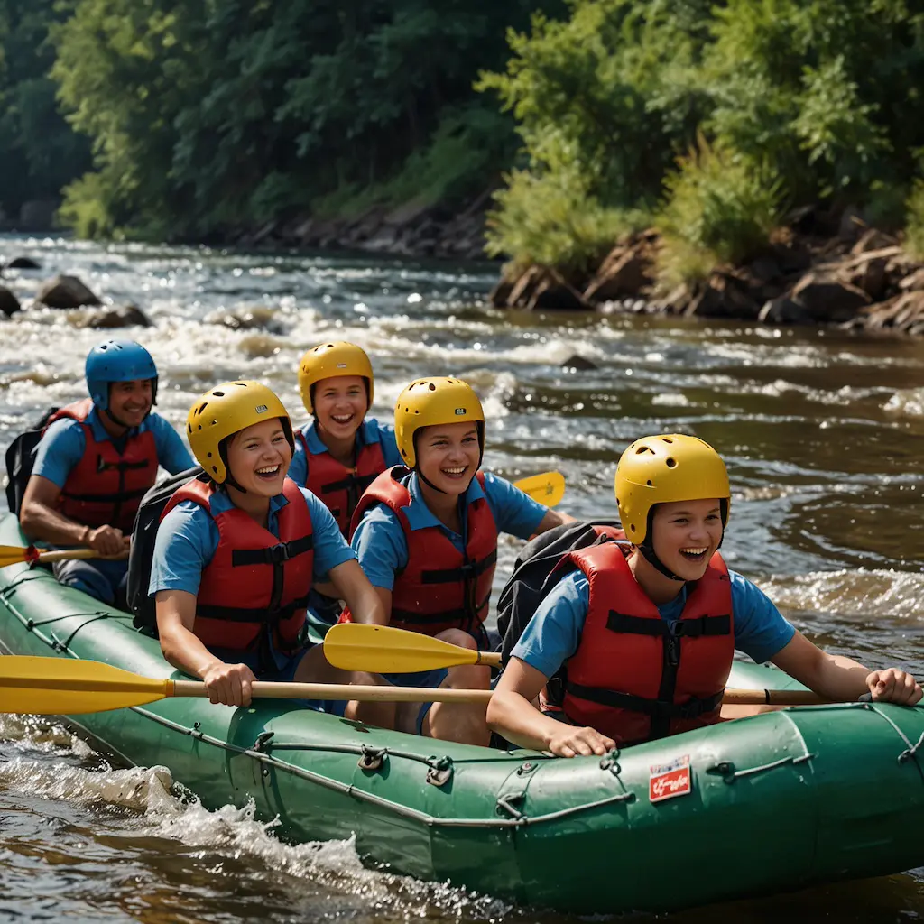 Family enjoying rafting with joy and concentration