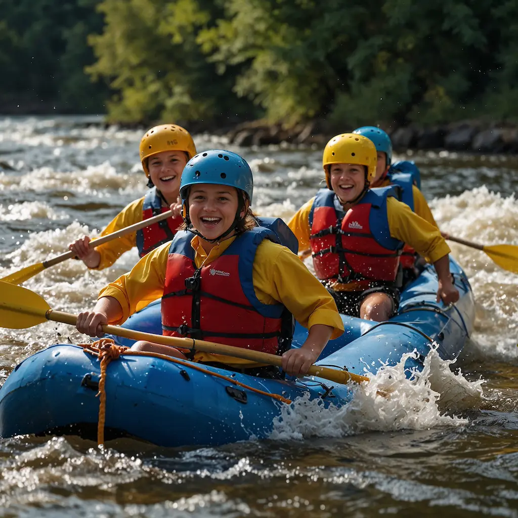 Children enjoying rafting with joy and concentration