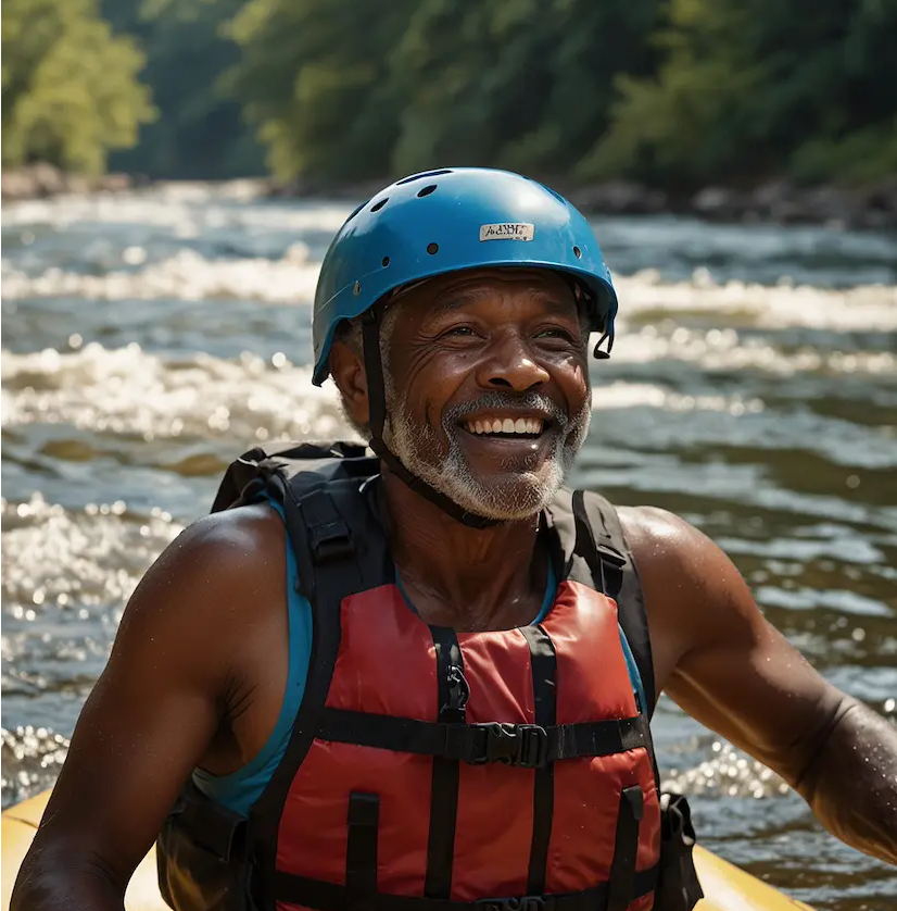 Seniors enjoying rafting with joy and concentration