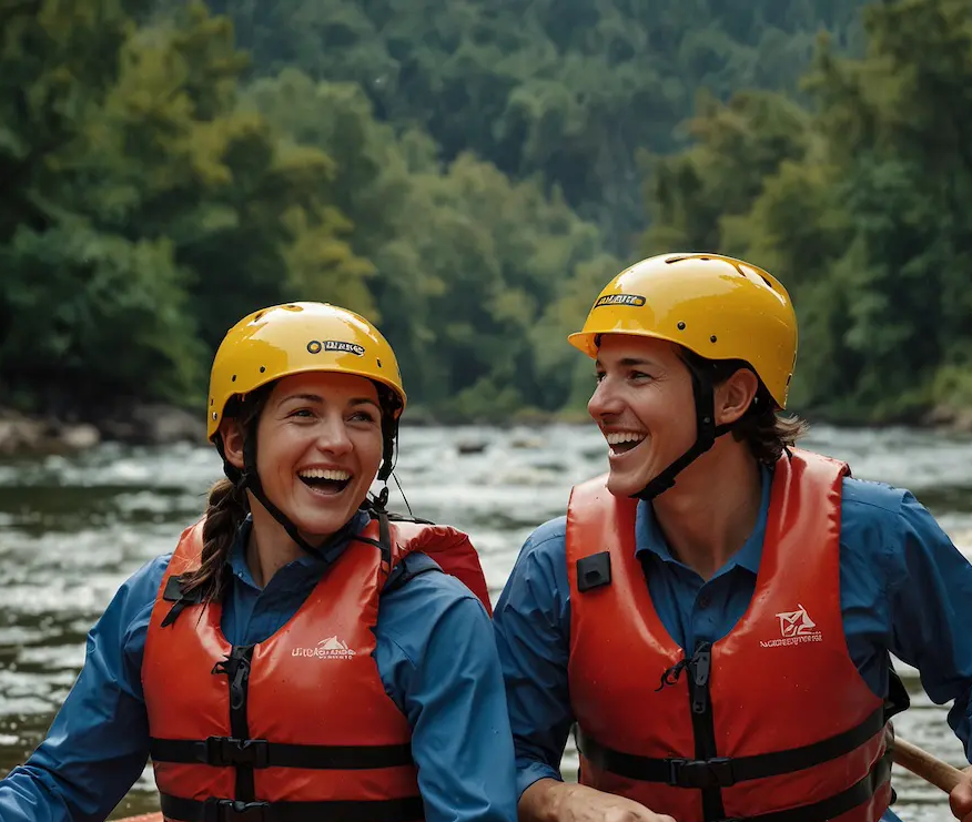 Couples enjoying rafting with joy and concentration