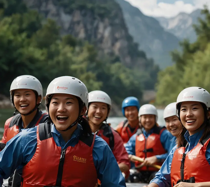 Corporate team enjoying rafting with teamwork and concentration