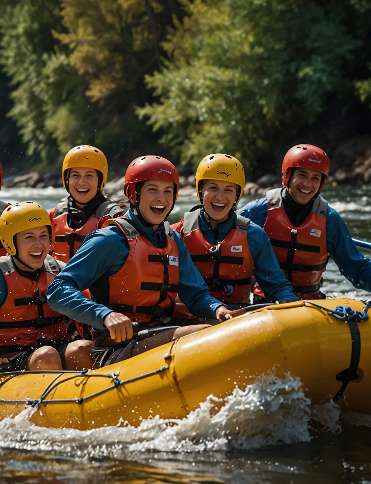 People white-water rafting with focus and excitement
