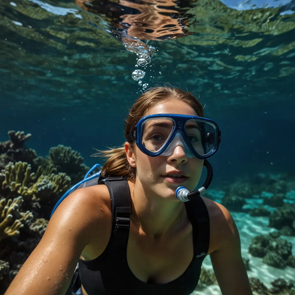 Solo adventurer snorkeling with wonder and concentration