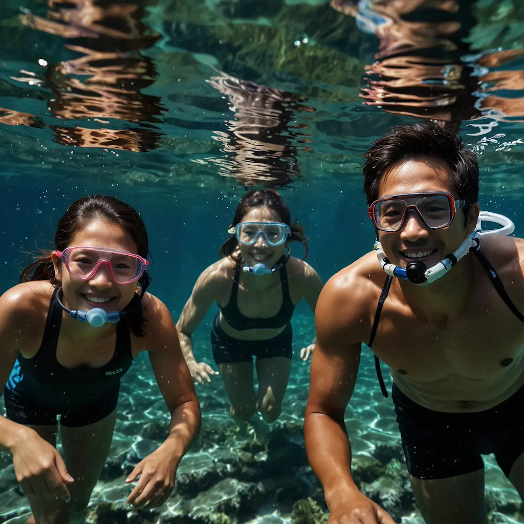 Family enjoying snorkeling with joy and concentration