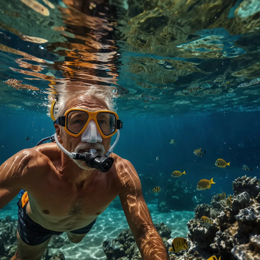 Seniors enjoying snorkeling with joy and concentration