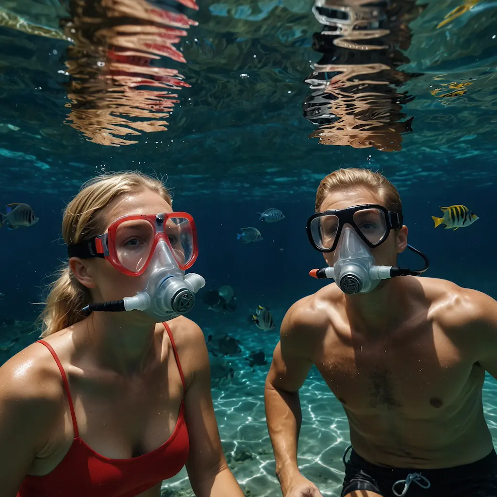 Couples enjoying snorkeling with joy and concentration