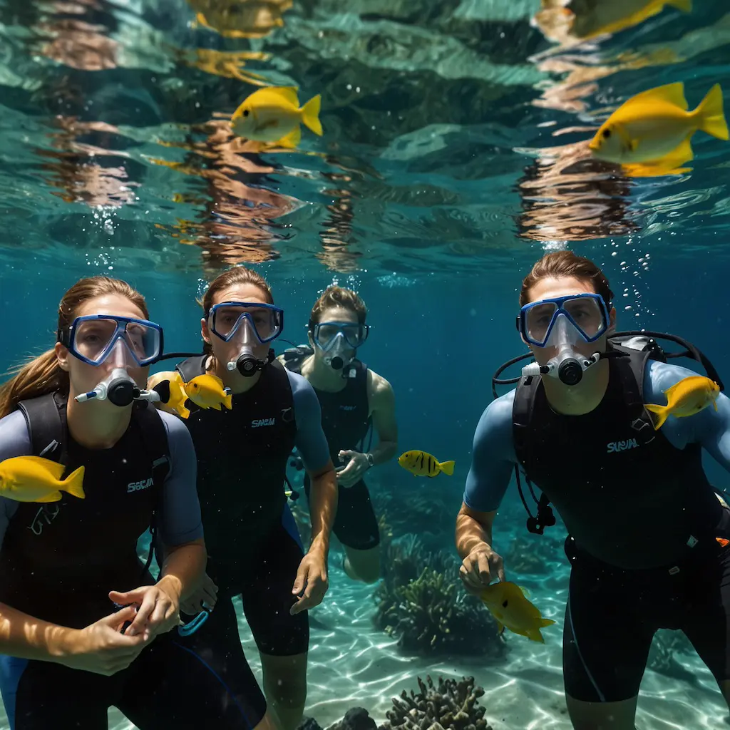 Corporate team enjoying snorkeling with teamwork and concentration