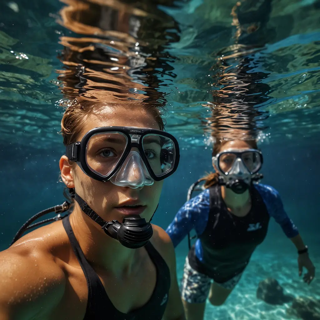 Advanced snorkelers in a course, focused and excited