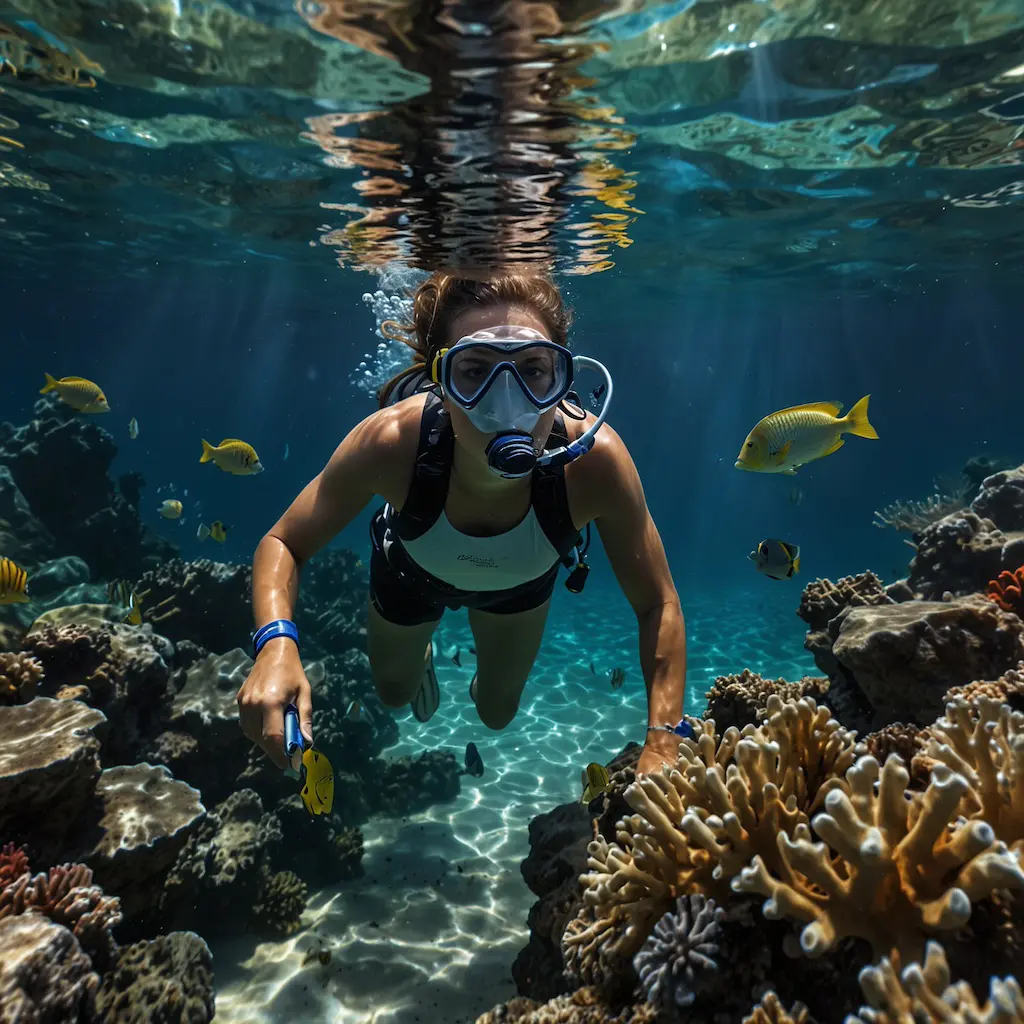 Private snorkeling lesson with a guide, learning with concentration
