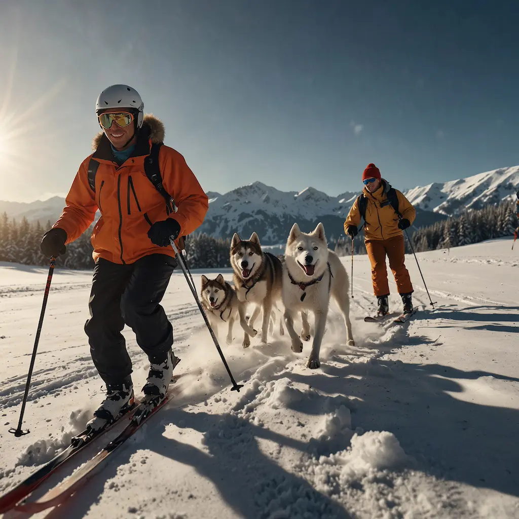 People enjoying skijoring with joy and concentration
