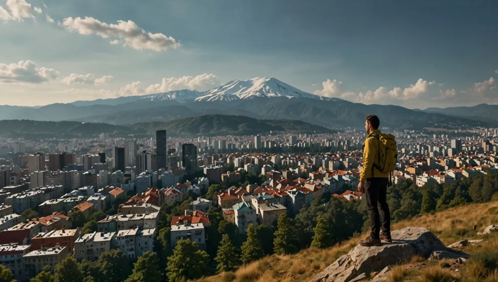 Ein Wanderer überblickt die bewaldeten Hänge von Vitosha und die Skyline von Sofia in der Ferne