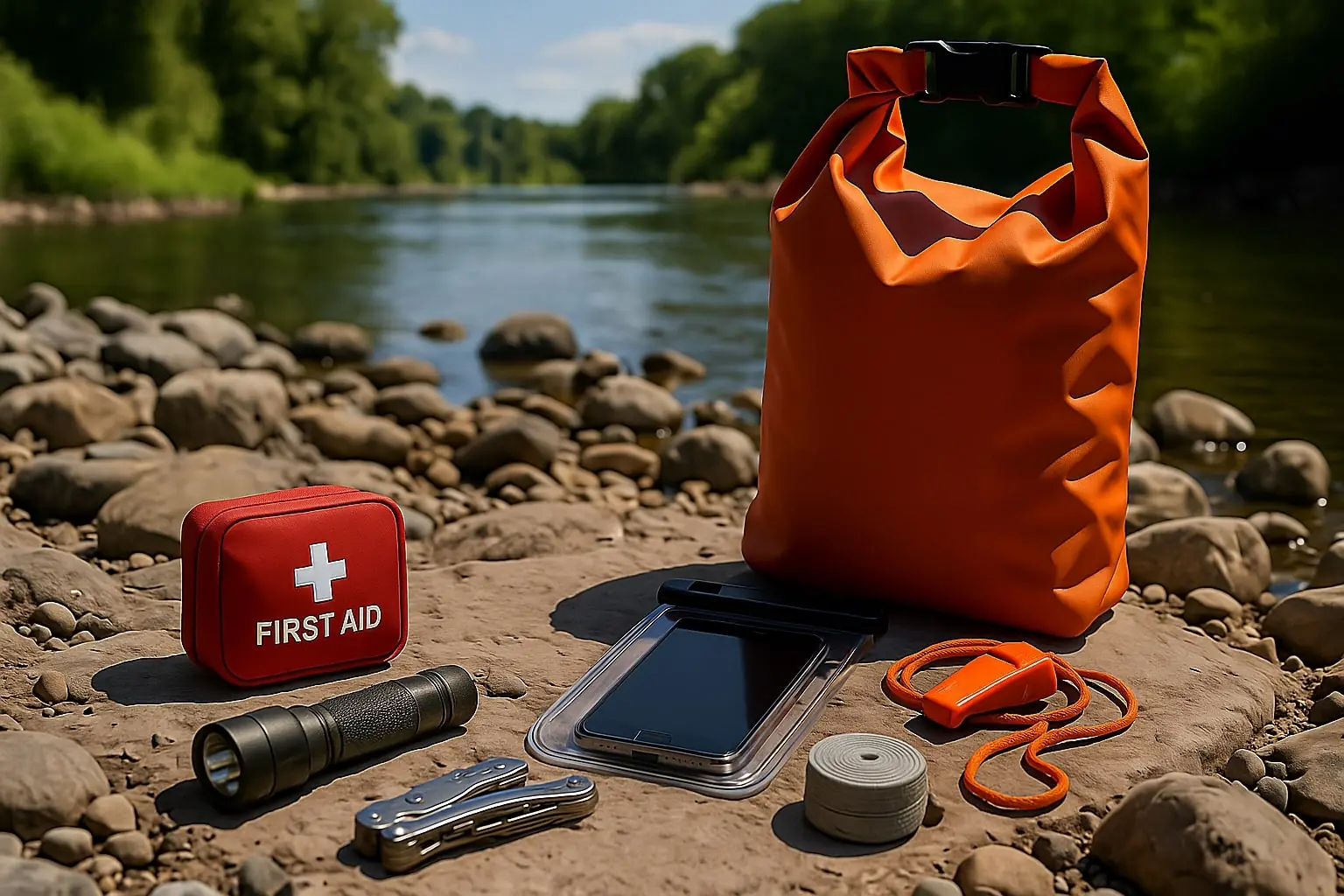 Notfallausrüstung für Paddler am Ufer, fotorealistisch, hyperrealistisch,
Mittagszeit.