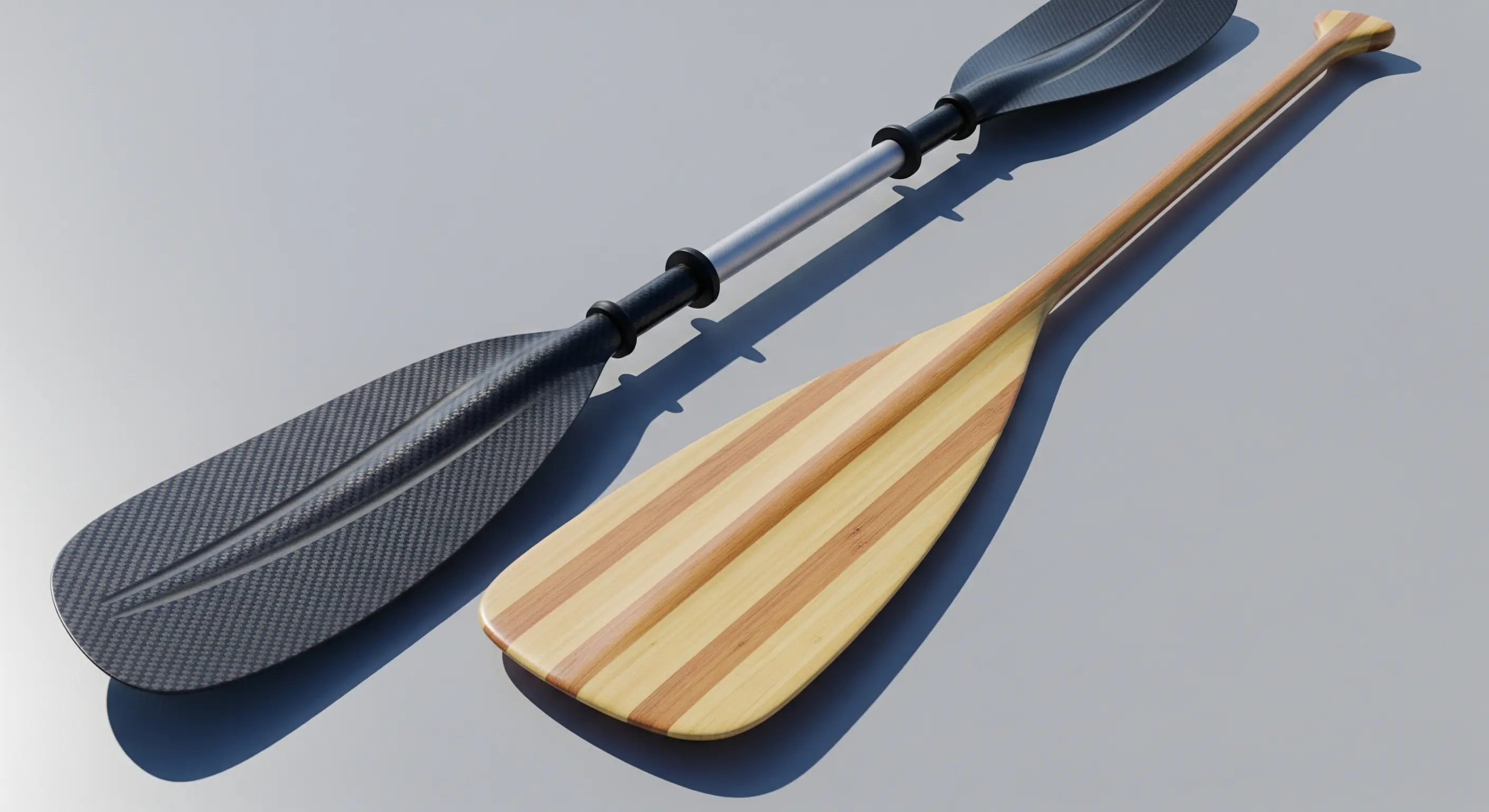 Vergleich von Doppelpaddel und Stechpaddel, Detailaufnahme,
fotorealistisch, hyperrealistisch, Mittagslicht.