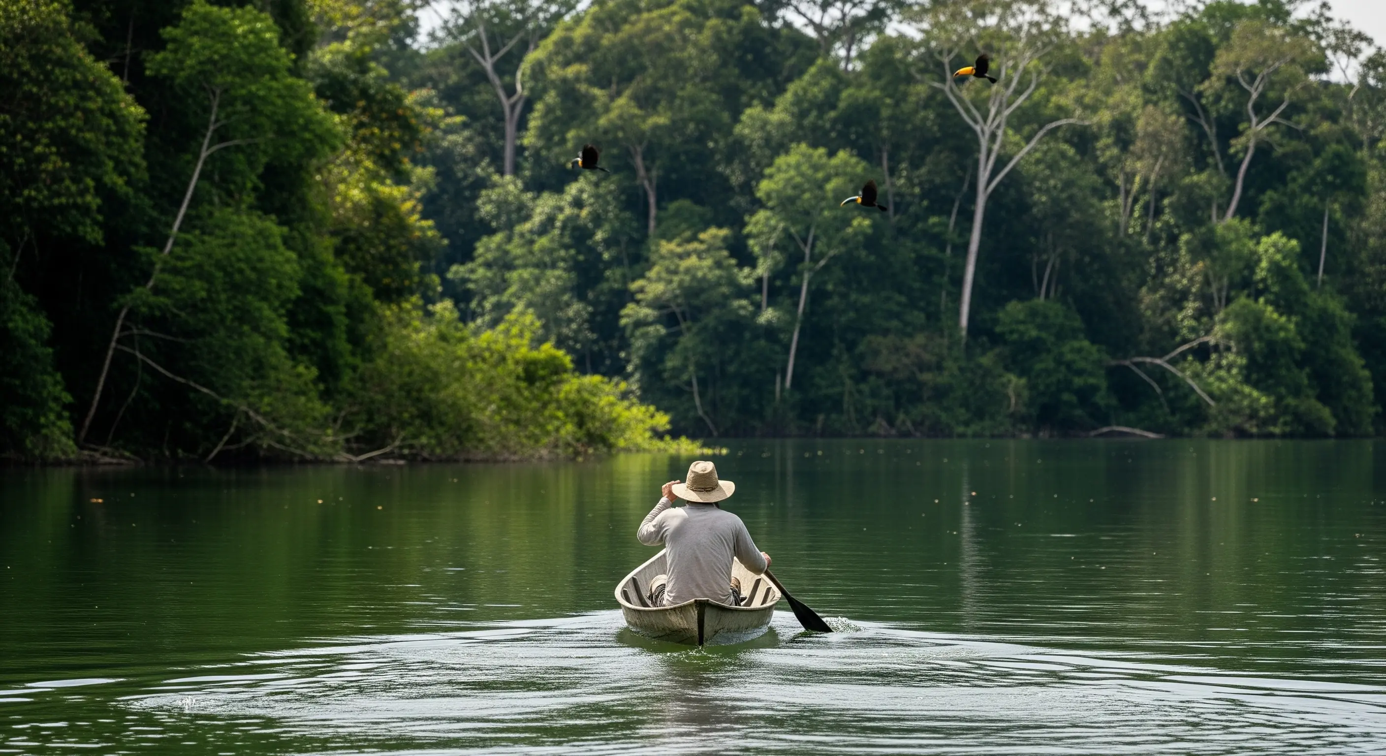 Kanu im Amazonas-Dschungel, fotorealistisch, hyperrealistisch, tropische
Mittagszeit.