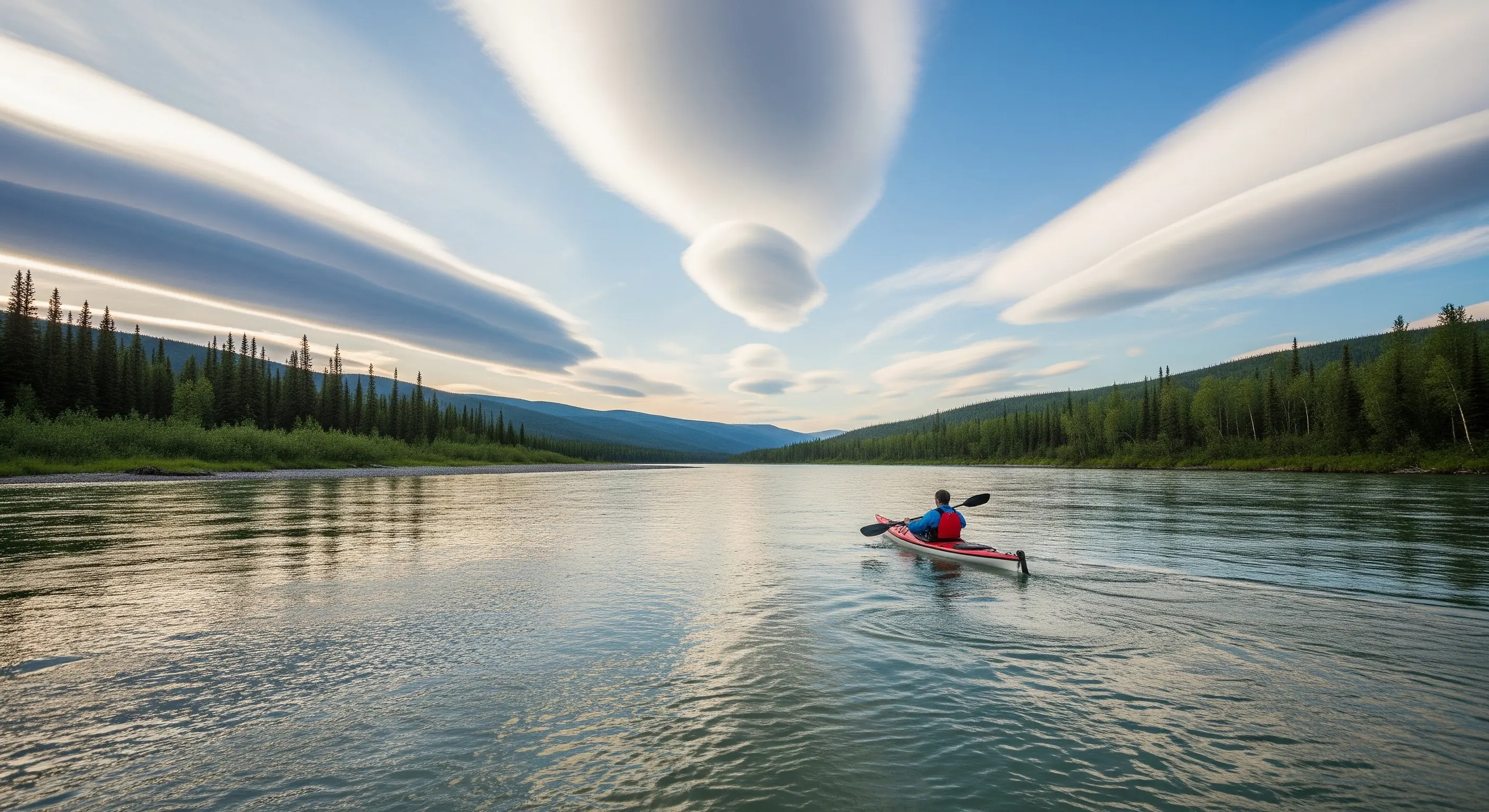 Kajakfahrer auf dem Yukon River in der Wildnis, fotorealistisch,
hyperrealistisch, Mittagszeit.
