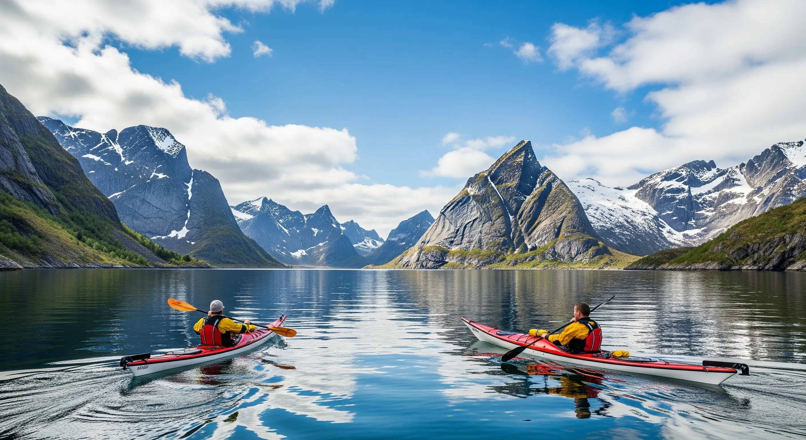 Kajakfahrer im Fjord der Lofoten, fotorealistisch, hyperrealistisch,
Mittagszeit.