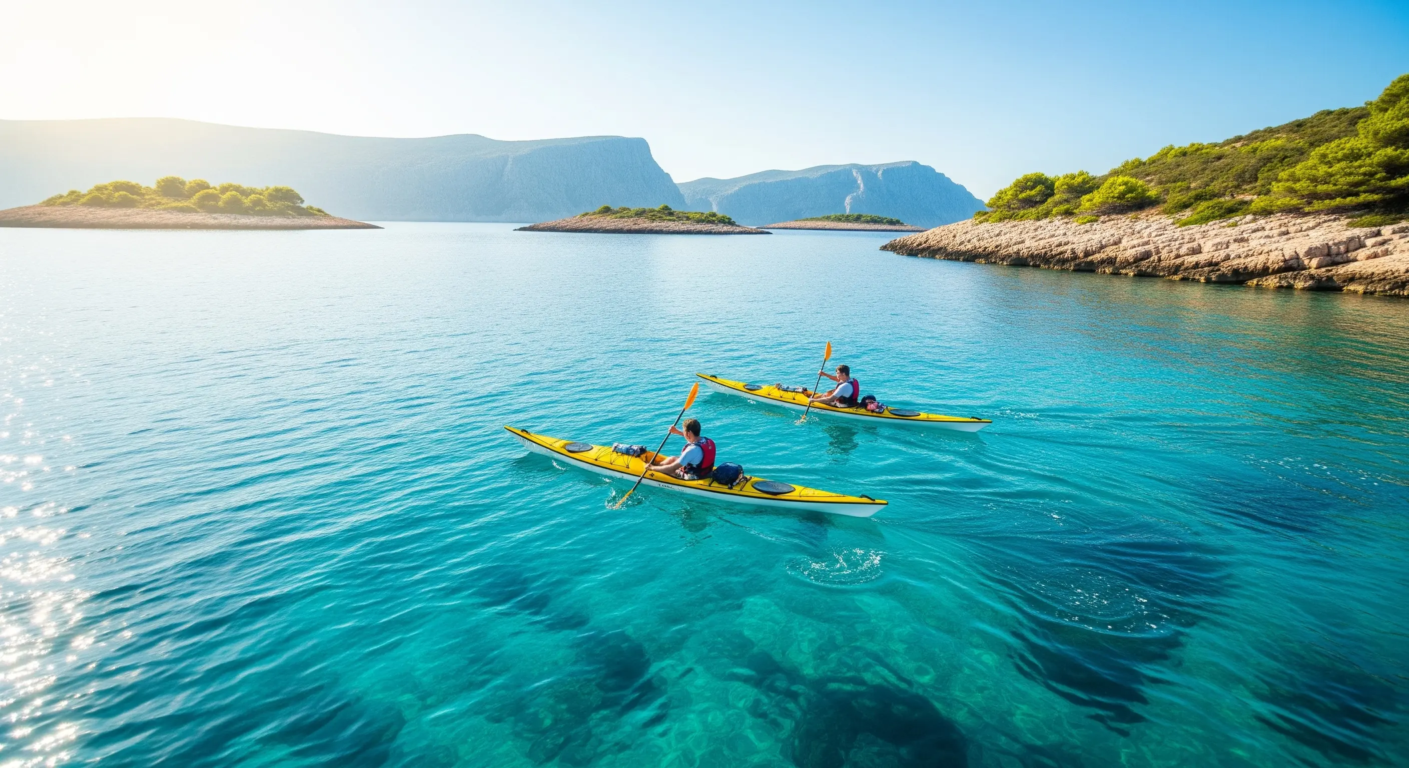 Zwei Personen paddeln in gelben Seekajaks auf ruhigem, klarem, türkisblauem Wasser zwischen den felsigen, grünen Inseln der dalmatinischen Küste in Kroatien.