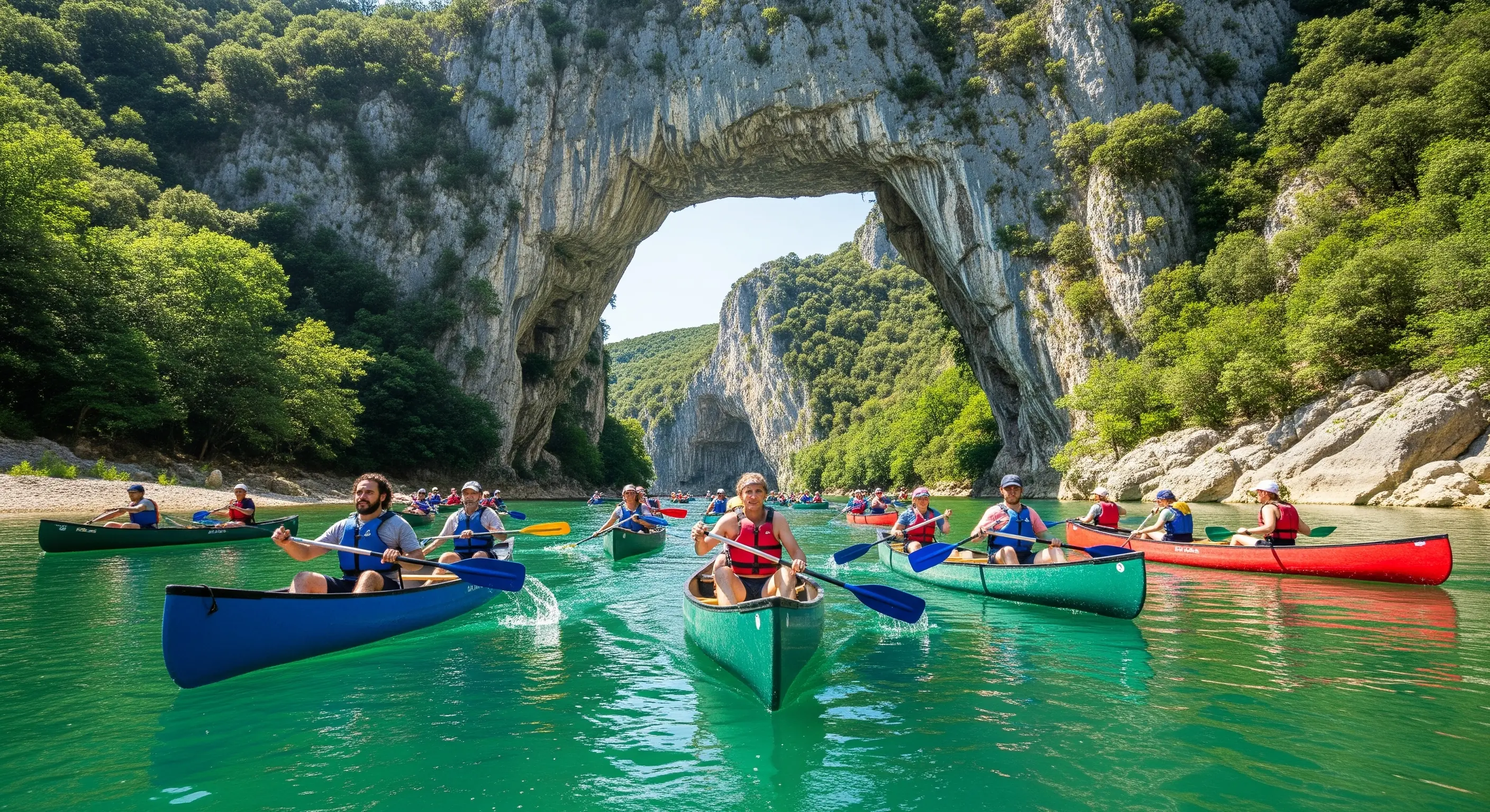 Paddler in bunten Kanus in der Ardèche-Schlucht, fotorealistisch,
hyperrealistisch, Mittagszeit.