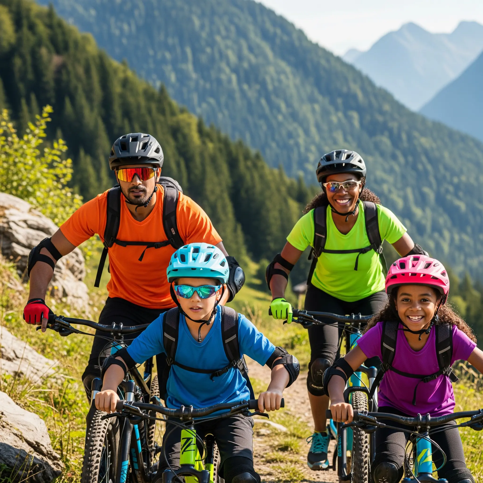 Family-enjoying-mountainbiking.jpg, Alt Text: Familie genießt Mountainbiking mit Freude und Konzentration
