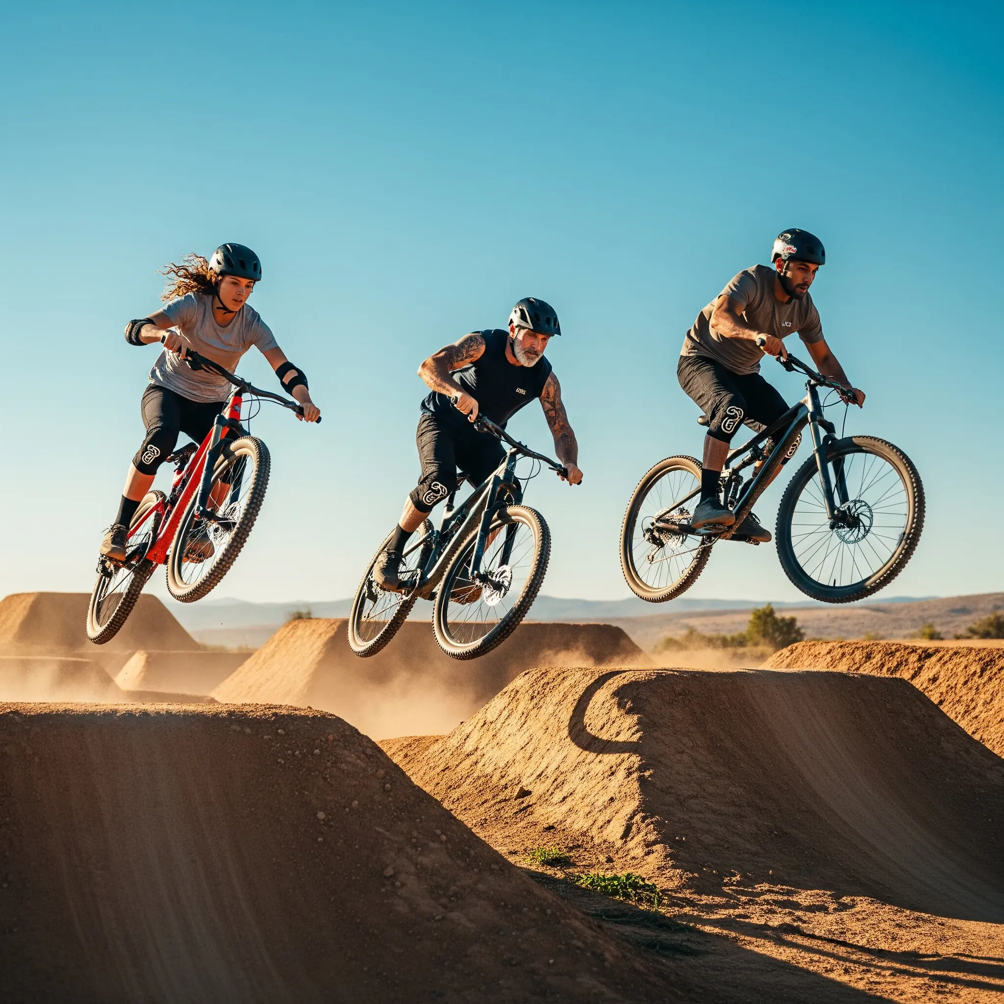 Aufgeregtes und konzentriertes Springen auf Mountainbikes