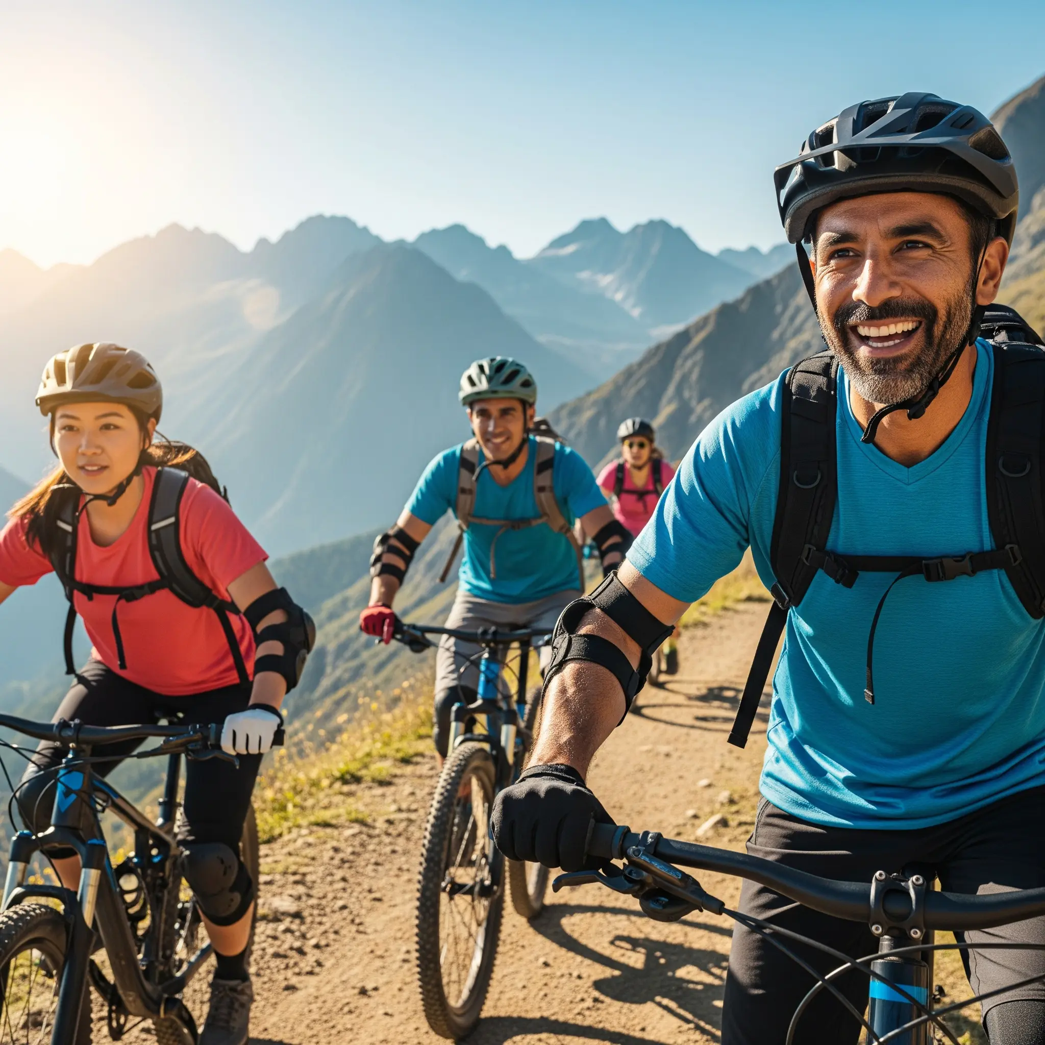 Menschen, die ihre Mountainbike-Trekking-Touren konzentriert und mit Freude genießen