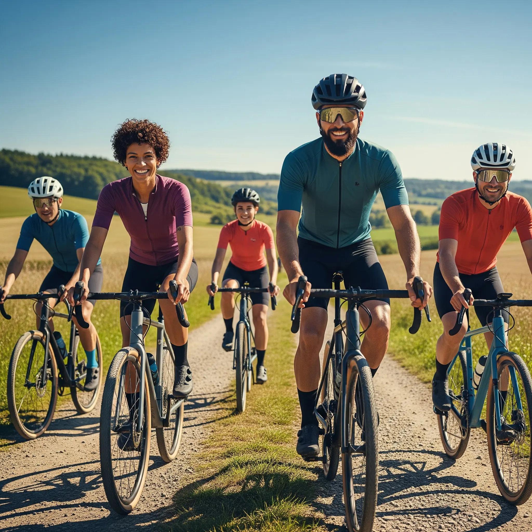 Gruppen, die mit Freude und Konzentration das Schotterradeln genießen