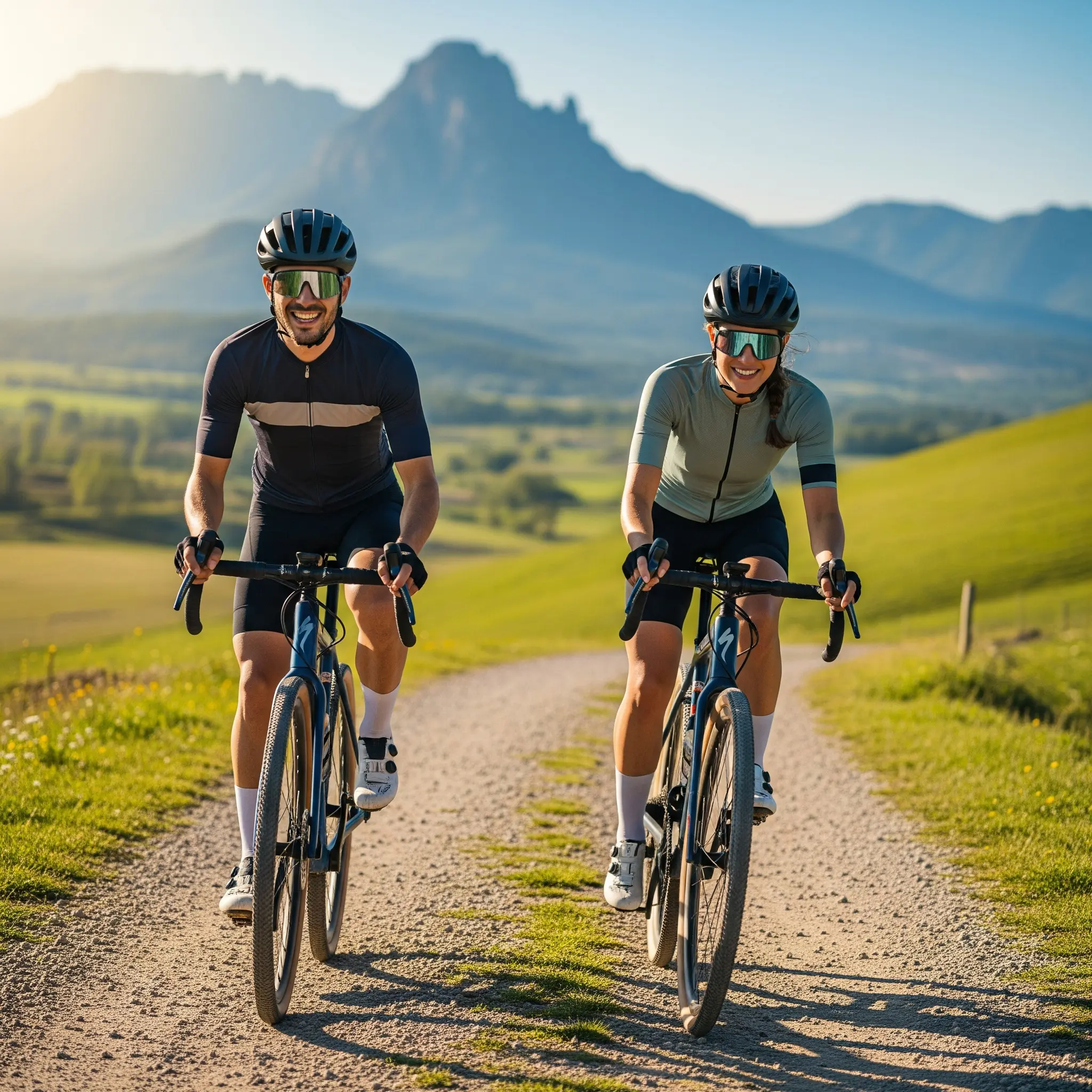 Paare genießen das Schotterradeln mit Freude und Konzentration