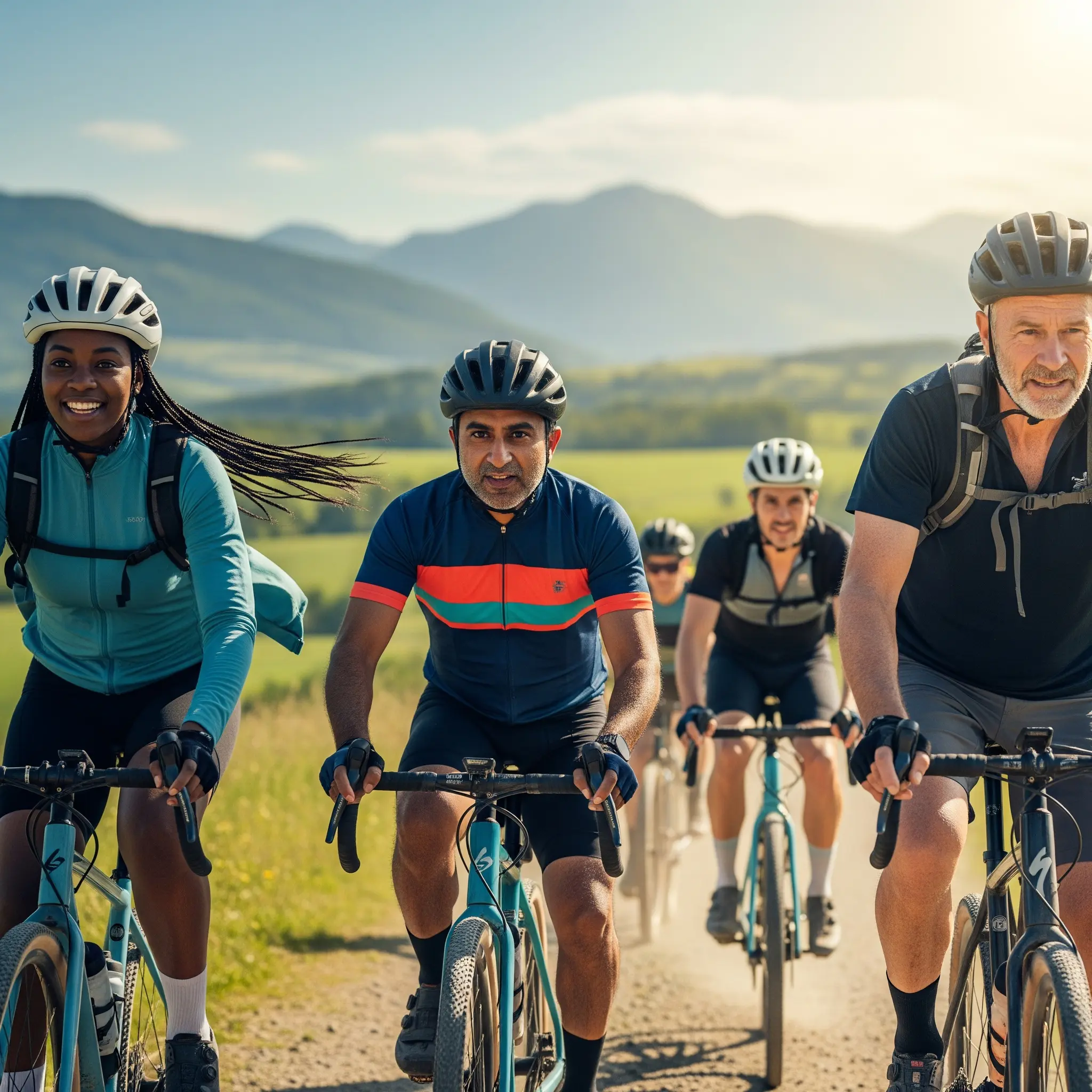 Teilnehmer an einer geführten Schotterradtour, die mit Begeisterung erkundet wird