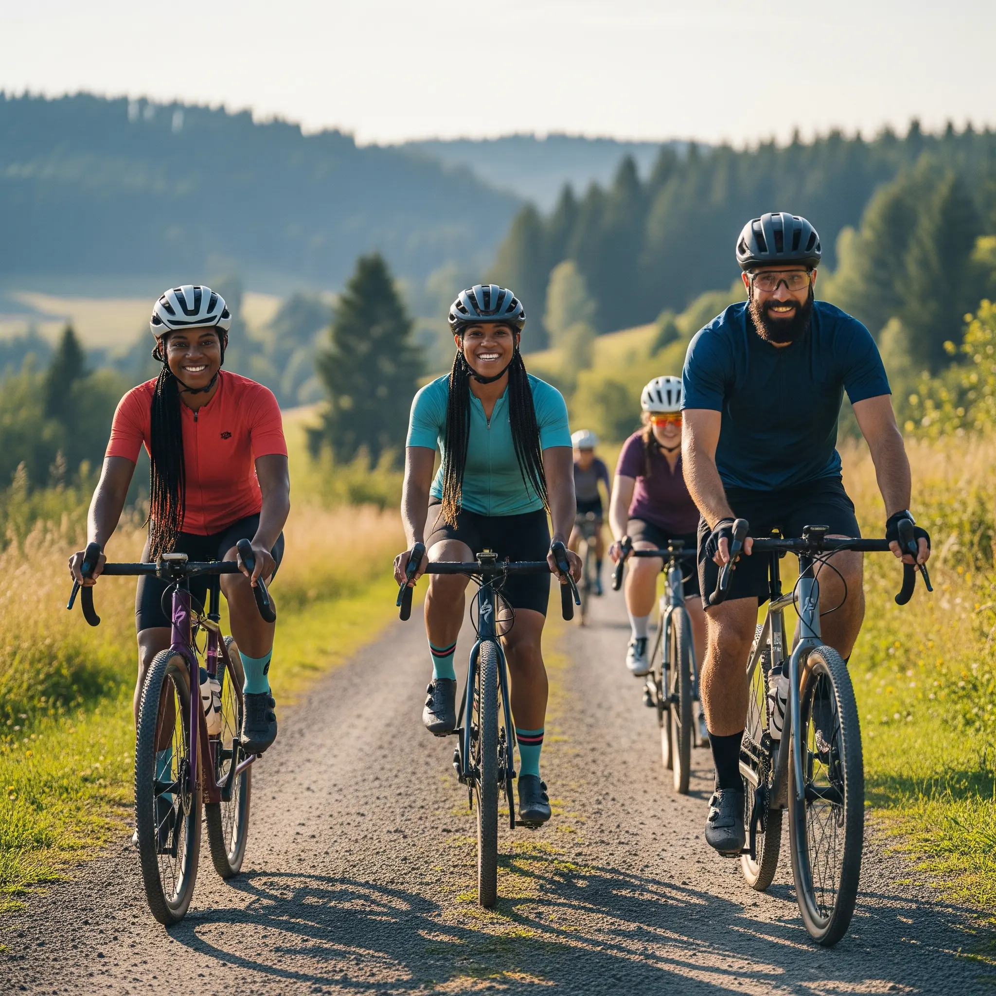 Menschen, die mit Freude und Entspannung das landschaftlich reizvolle Gravel Biken genießen