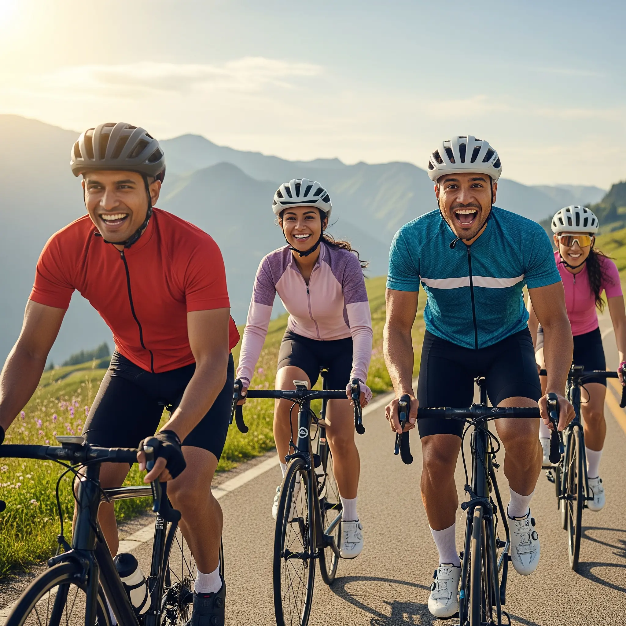 Paare, die mit Freude und Konzentration das Rennradfahren genießen