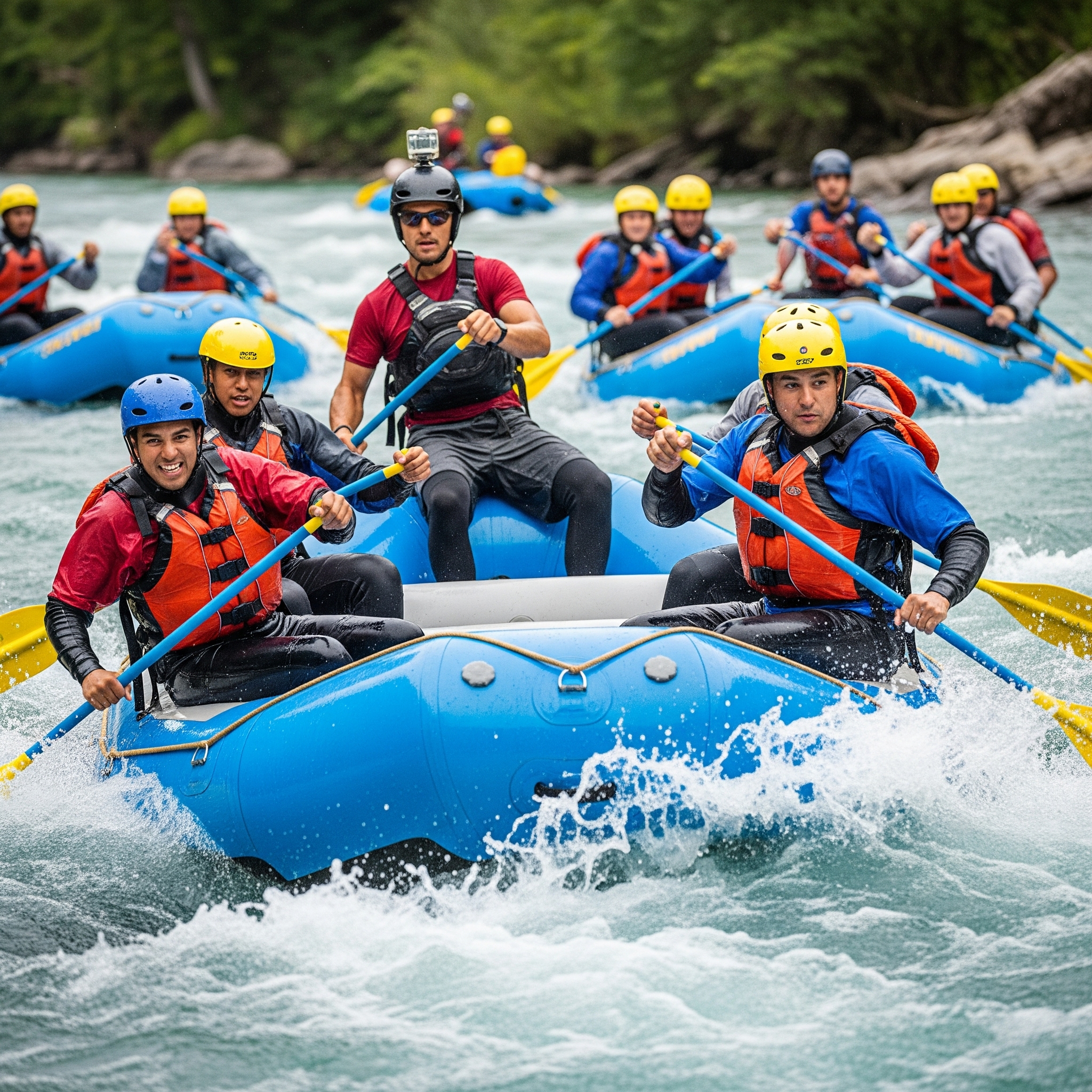 Menschen, die sich mit Konzentration und Begeisterung dem technischen Rafting widmen