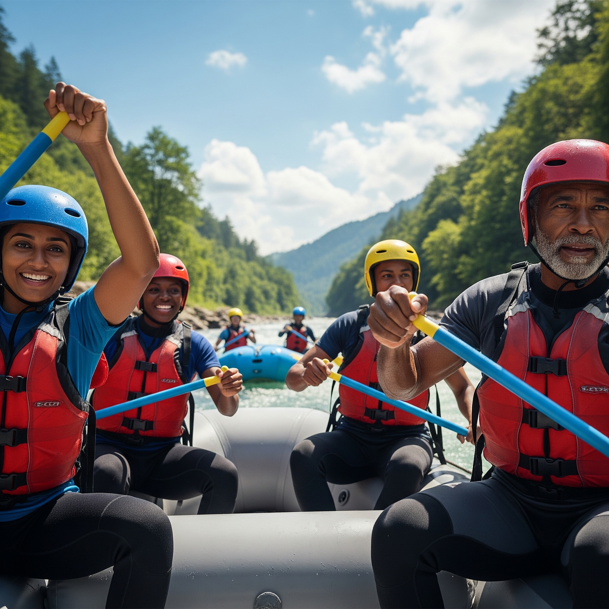 Menschen, die konzentriert und mit Begeisterung an einer Rafting-Expedition teilnehmen